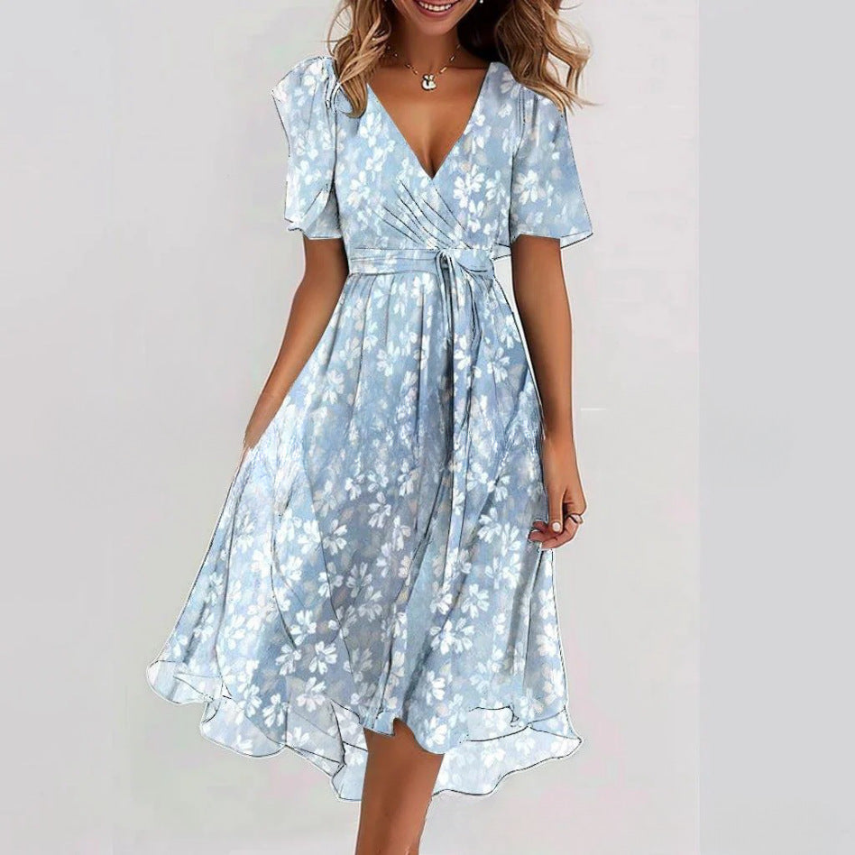 Flowers Printed V-neck Dress Summer A-line Short-sleeved Dresses For Women