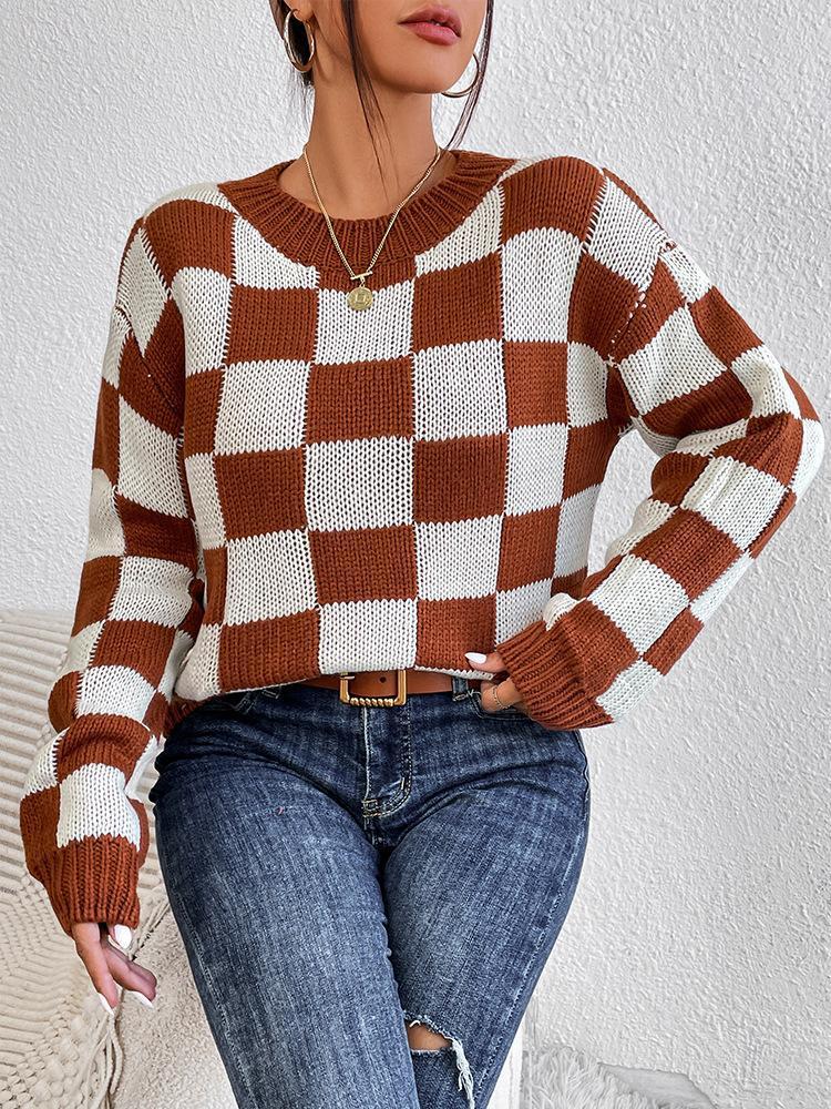 Color Matching Chessboard Plaid Loose Round Neck Pullover Long Sleeve Sweater
