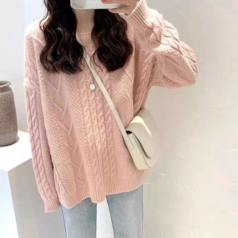 Thick Hemp Flowers Knitted Round Neck Sweater Retro Loose Top