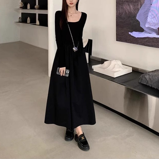 Square Collar Knitted Dress Women's Waist A- Line Long Skirt