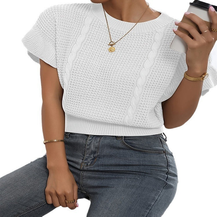 Twisted String Ruffled Short Sleeves Round Neck Knitted Pullover Knitted Sweater