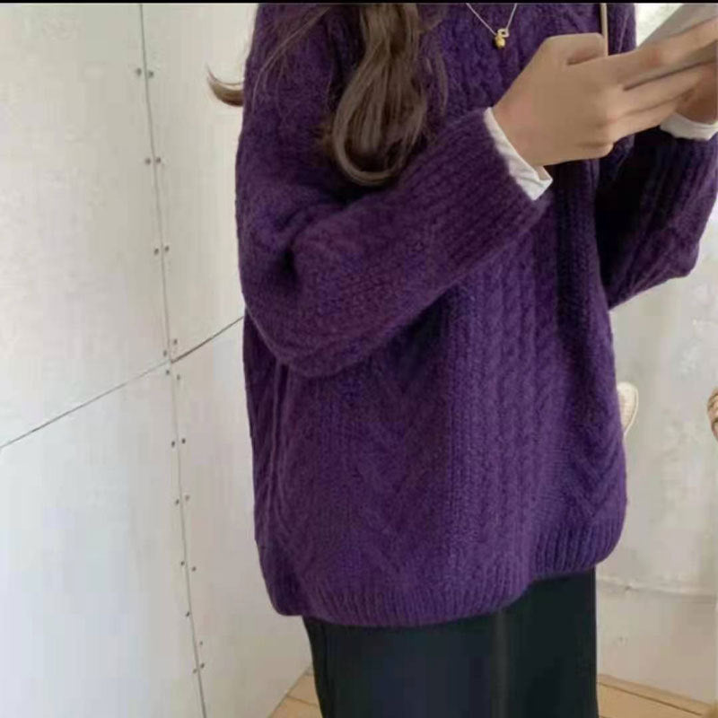 Thick Hemp Flowers Knitted Round Neck Sweater Retro Loose Top