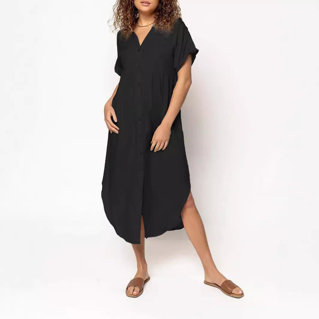 Loose Temperament Casual Solid Color Buttons Mid-length Dress