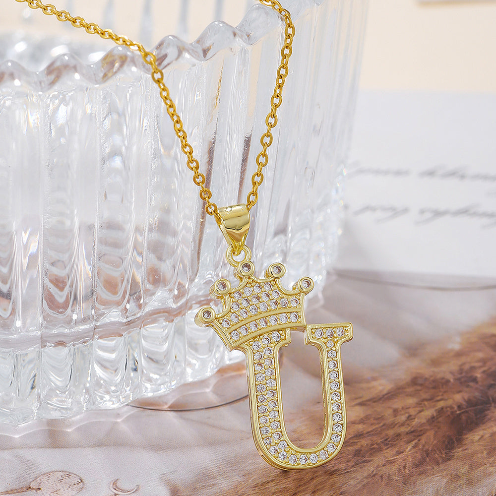 1PCS Fashionable Gold Diamond Crown Uppercase Letter Popular Pendant Necklace Suitable For Daily Use Festivals Parties Gifts Jewelry Set