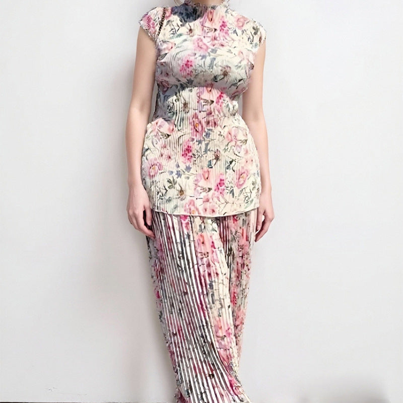 Long Sleeve Printed Chiffon Dress High Waist