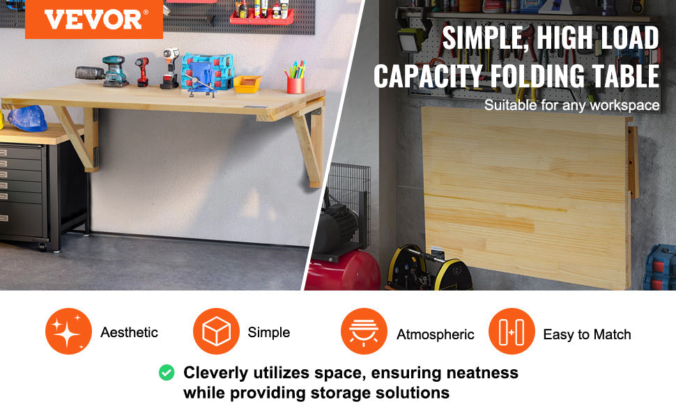 VEVOR Wall Mounted Folding Table Wooden Floating Desk with Iron Bracket Drop Leaf for Home Office Kitchen Bar Space-Saving