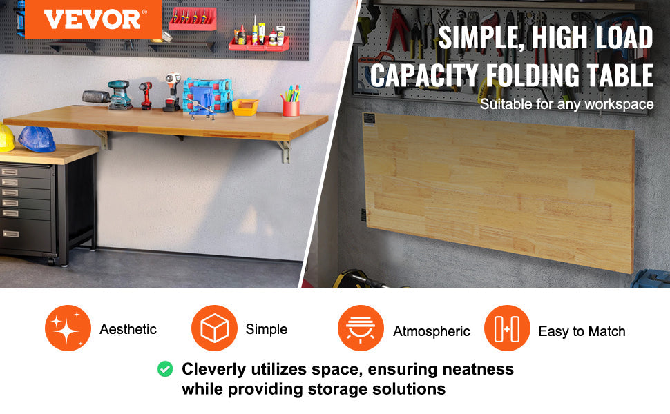 VEVOR Wall Mounted Folding Table, Wall Mount Drop Leaf Table, Wooden Floating Desk with Iron Bracket, Fold Down Desk for Spaces