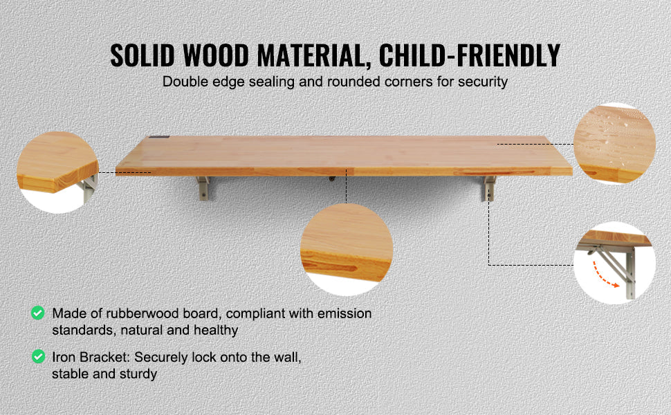 VEVOR Wall Mounted Folding Table, Wall Mount Drop Leaf Table, Wooden Floating Desk with Iron Bracket, Fold Down Desk for Spaces