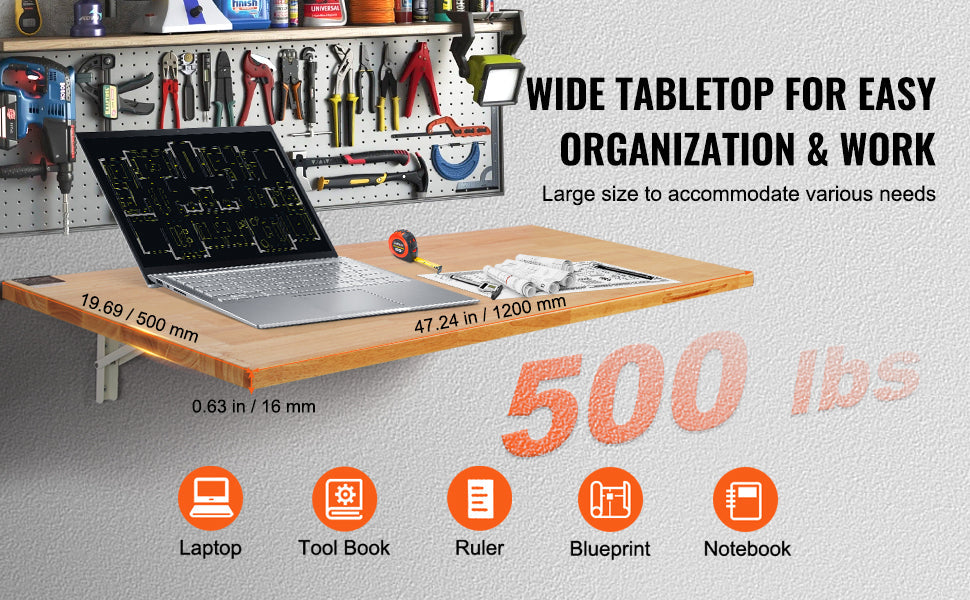 VEVOR Wall Mounted Folding Table, Wall Mount Drop Leaf Table, Wooden Floating Desk with Iron Bracket, Fold Down Desk for Spaces