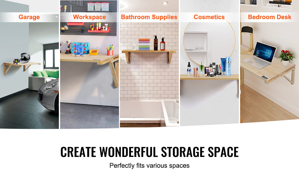 VEVOR Wall Mounted Folding Table Wooden Floating Desk with Iron Bracket Drop Leaf for Home Office Kitchen Bar Space-Saving