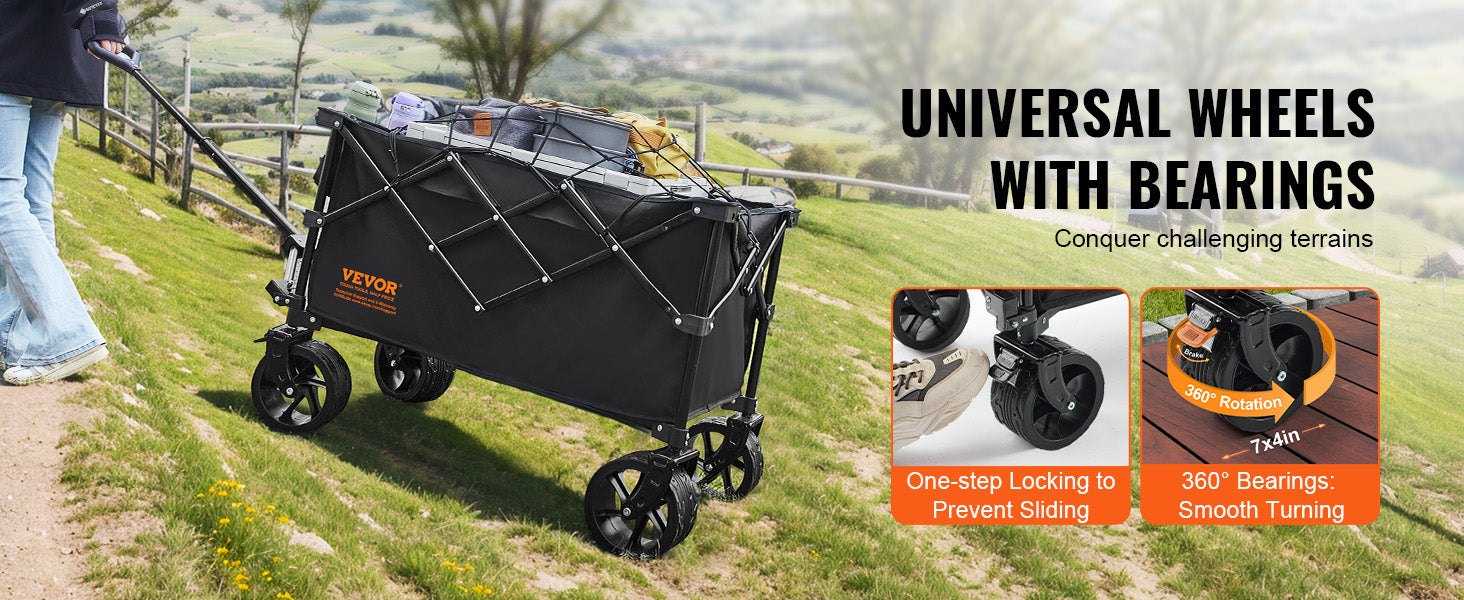VEVOR Collapsible Folding Wagon Beach Wagon Cart with All-Terrain Wheels Drink Holders Sports Wagon for Camping Shopping Garden