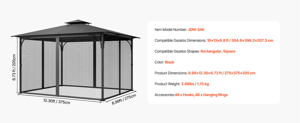 VEVOR Gazebo Netting Replacement Outdoor Garden Gazebo Net 4-Panel Sidewall Mesh Gazebo Curtain with Double Zipper for Garden
