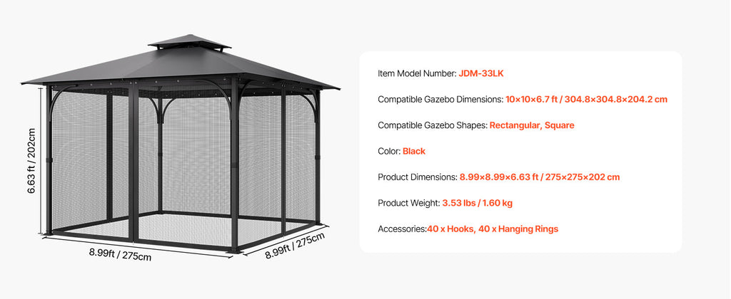VEVOR Gazebo Netting Replacement Outdoor Garden Gazebo Net 4-Panel Sidewall Mesh Gazebo Curtain with Double Zipper for Garden