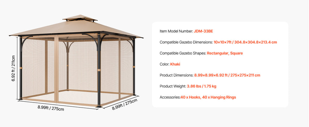 VEVOR Gazebo Netting Replacement Outdoor Garden Gazebo Ne 4-Panel Sidewall Mesh Gazebo Curtain with Double Zipper for Garden