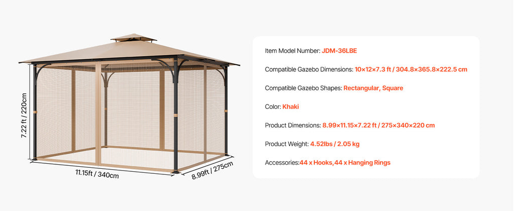 VEVOR Gazebo Netting Replacement Outdoor Garden Gazebo Ne 4-Panel Sidewall Mesh Gazebo Curtain with Double Zipper for Garden