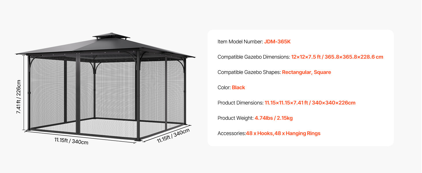 VEVOR Gazebo Netting Replacement Outdoor Garden Gazebo Net 4-Panel Sidewall Mesh Gazebo Curtain with Double Zipper for Garden