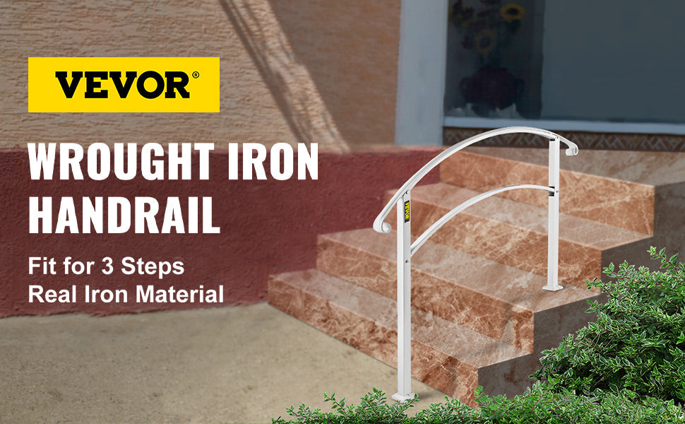VEVOR Wrought Iron Handrail Fits 1 or 5 Steps with Installation Kit Hand Rails for Outdoor Steps Transition Handrail Stair Rail
