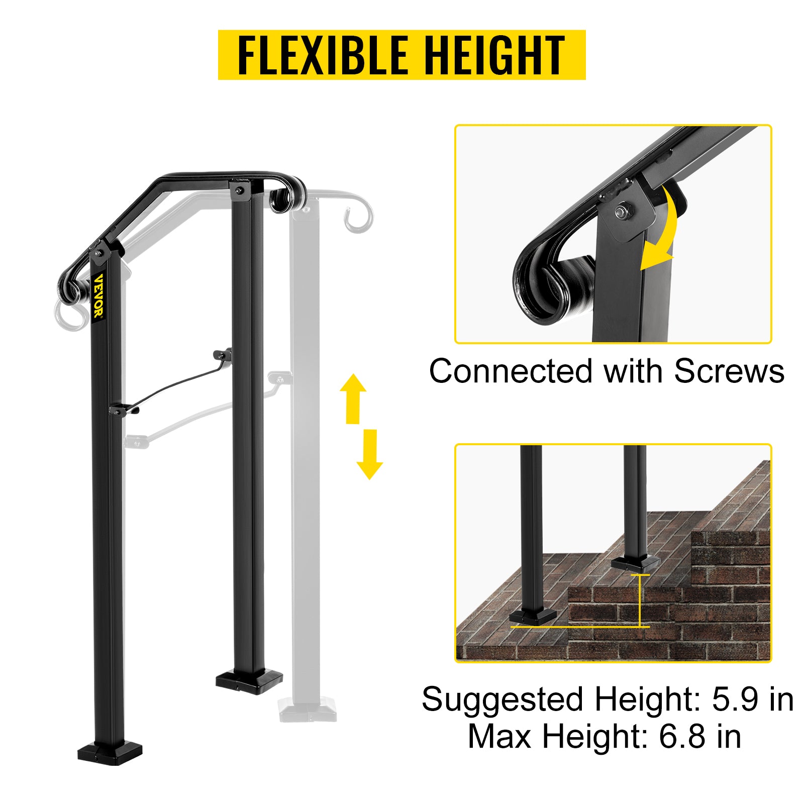 VEVOR Handrail Arch Railing White Fits 1 Or 5 Steps Stair Rail Wrought Iron Hand Rails With Installation Kit For Outdoor Steps