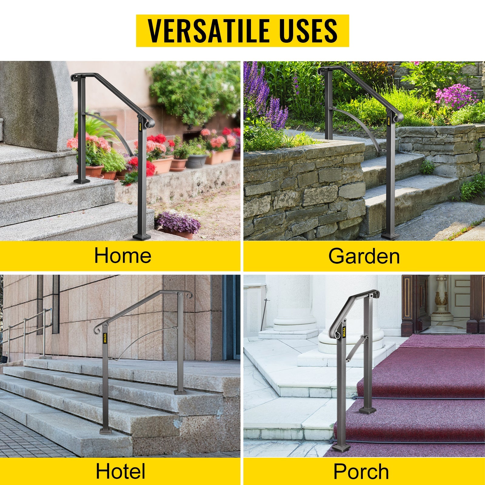 VEVOR Handrails for Outdoor Steps Fit 4 or 5 Steps Outdoor Stair Railing Arch#4 Wrought Iron Handrail Flexible Porch Railing