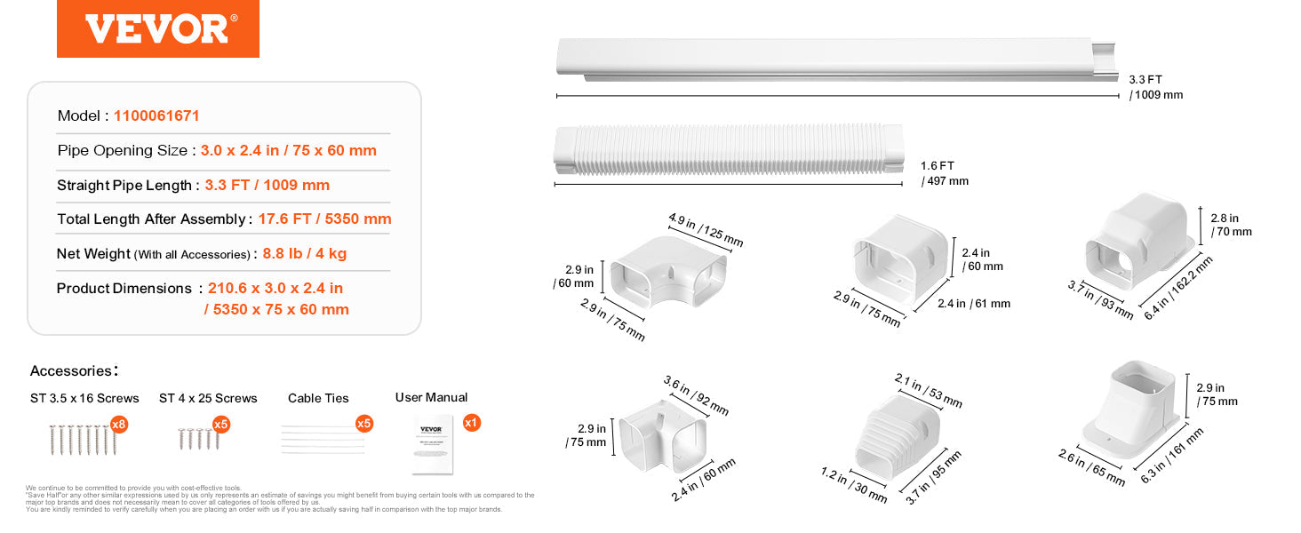 VEVOR Mini Split Line Set Cover PVC Decorative Pipe Line Cover For Air Conditioner Easy to Install Paintable for Heat Pump White