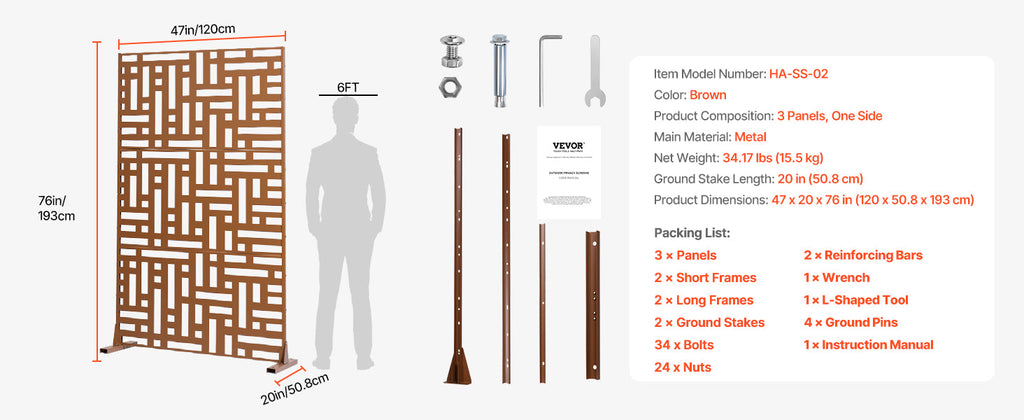 VEVOR Metal Privacy Screen Freestanding Outdoor Divider with Stand 3-Panel Decorative Garden Steel Privacy Fence for Balcony