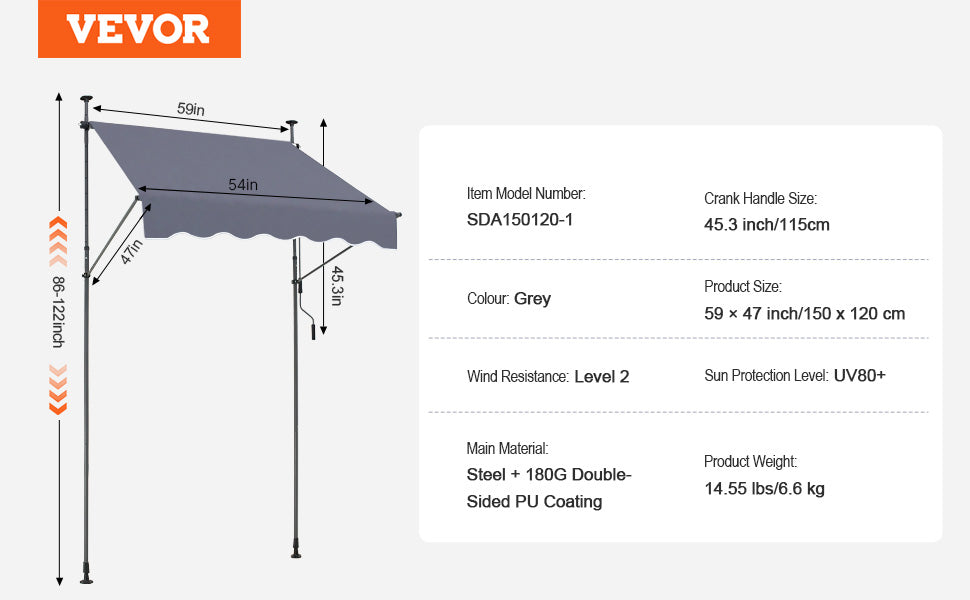 VEVOR Patio Awning Retractable Awning Sunshade Shelter with Manual Crank Handle Outdoor Canopy Sunsetter Deck for Balcony Yard