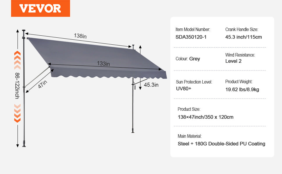 VEVOR Patio Awning Retractable Awning Sunshade Shelter with Manual Crank Handle Outdoor Canopy Sunsetter Deck for Balcony Yard
