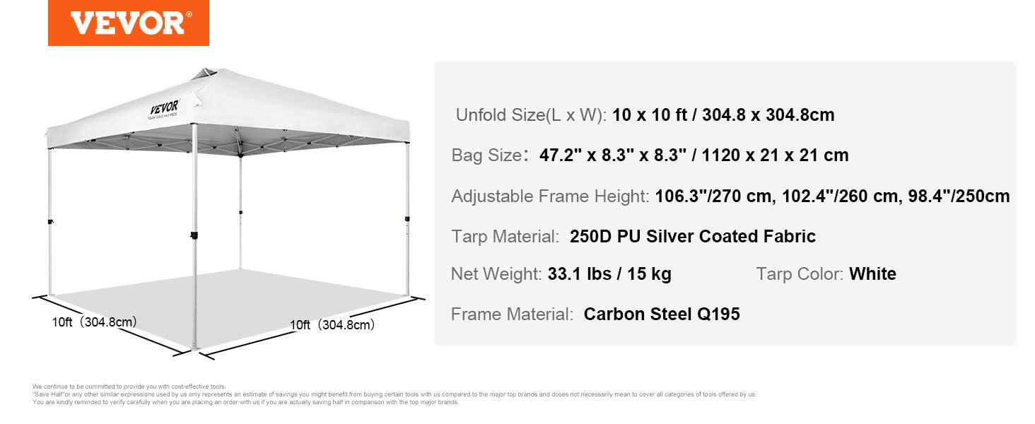 VEVOR Pop Up Canopy Tent 250D PU Silver Coated Tarp with Portable Roller Bag and 4 Sandbags Waterproof and Sun Shelter Gazebo