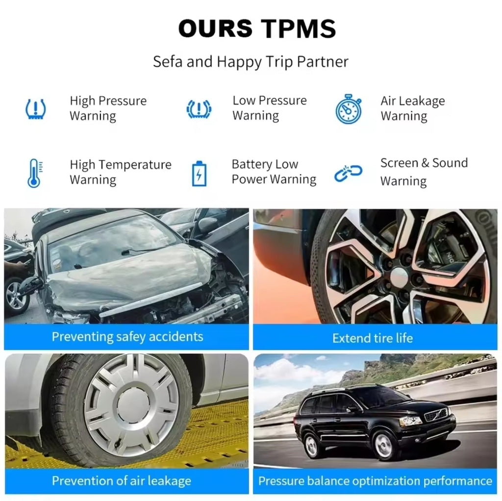 Solar Powered Wireless Tyre Pressure Monitoring System (TPMS) with 4 External Sensors – Real-Time LCD Display, USB Dual Charging, High/Low Pressure & Temperature Alerts for Cars, SUVs, Vans