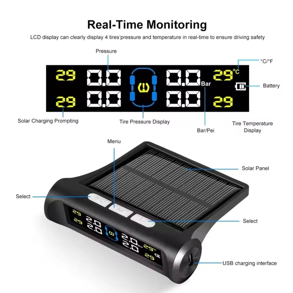 Solar Powered Wireless Tyre Pressure Monitoring System (TPMS) with 4 External Sensors – Real-Time LCD Display, USB Dual Charging, High/Low Pressure & Temperature Alerts for Cars, SUVs, Vans
