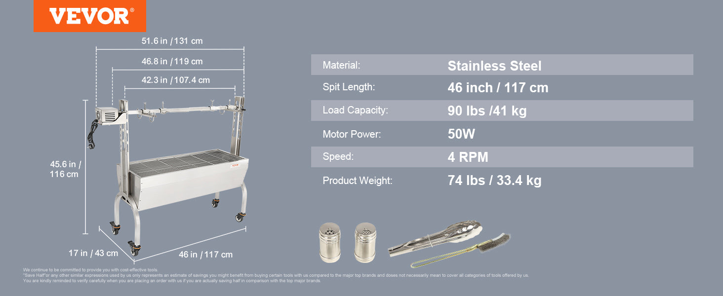 VEVOR Stainless Steel Rotisserie Grill BBQ Whole Pig Lamb Goat Charcoal Spit Grill Electric BBQ Hog Rotisserie Roaster 46 Inch