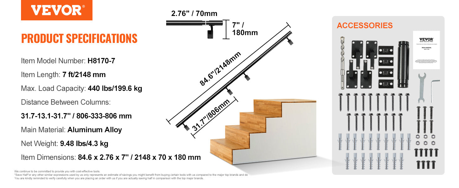 VEVOR 4/5/7/12 ft Handrail Stair Railing 440 LBS Wall Mount Stairway Hand Rail with Installation Kit for Indoor Outdoor Stairs
