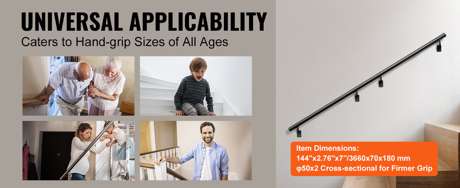 VEVOR 4/5/7/12 ft Handrail Stair Railing 440 LBS Wall Mount Stairway Hand Rail with Installation Kit for Indoor Outdoor Stairs