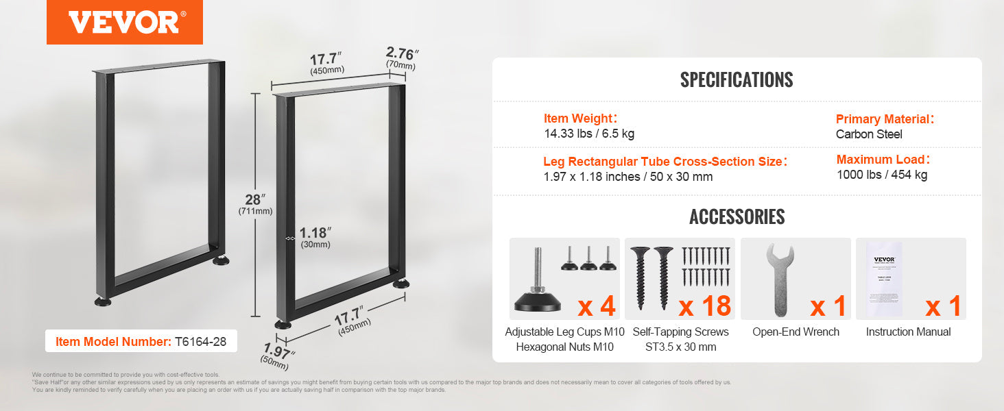 VEVOR 2pcs 28inch Table Legs Adjustable Furniture Legs Square Reinforced Steel Office Table leg Max Load 1000 lbs For Home DIY